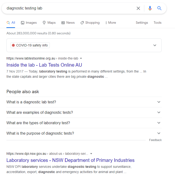 Screenshot of Google search results for "diagnostic testing lab"