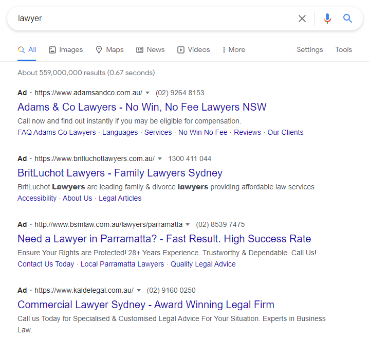 Screenshot of Google search results for "lawyer"
