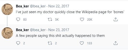 Screenshot of tweets about a doctor and Wikipedia